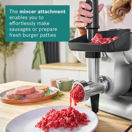 Bosch CreationLine 7 in 1 MUM59340GB Stand Mixer with 3.9 Litre Bowl - Silver - Annotation - mincer shot