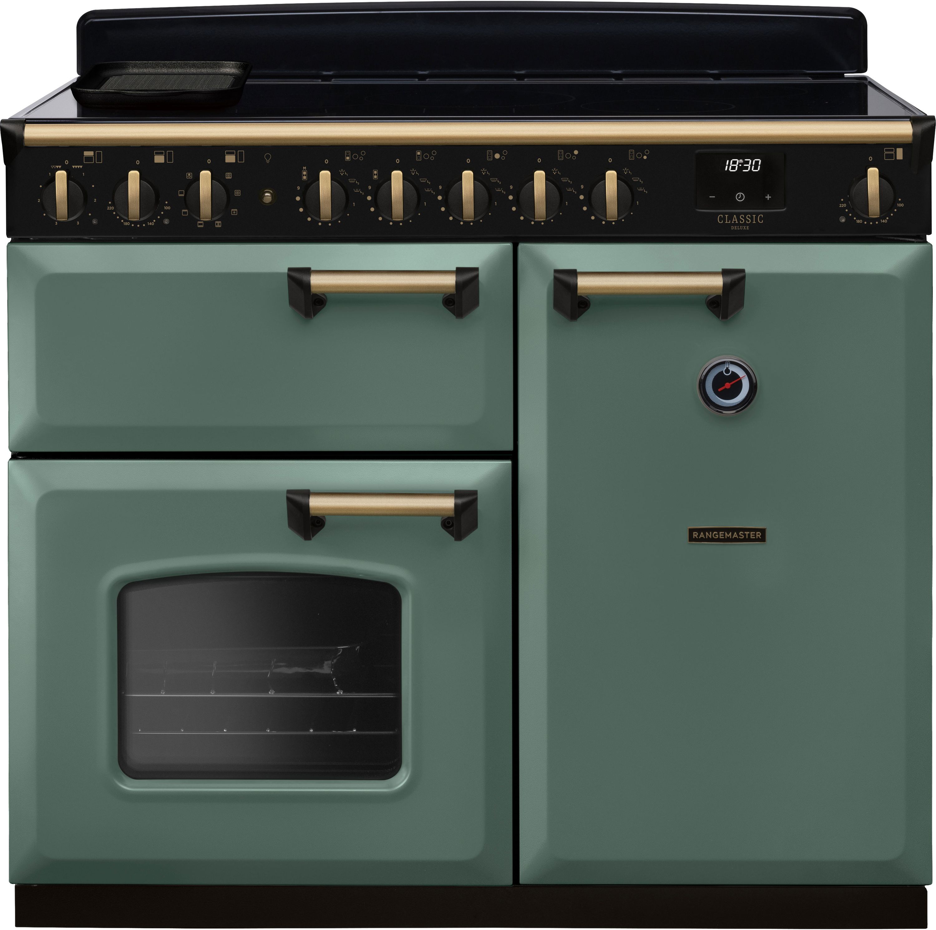 Image of Rangemaster Classic Deluxe CLDL100EIPMGR/AB1 100cm wide Electric Range Cooker with Induction Hob - Mineral Green / Antique Brass - A/A Rated, Green