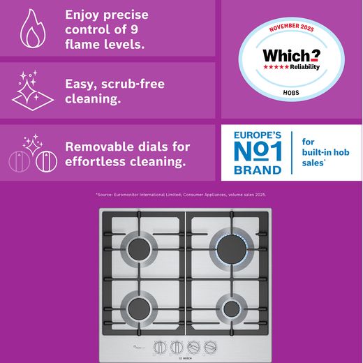 Bosch Series 6 PCP6A5I90 58cm Gas Hob - Stainless Steel - Annotation - features shot