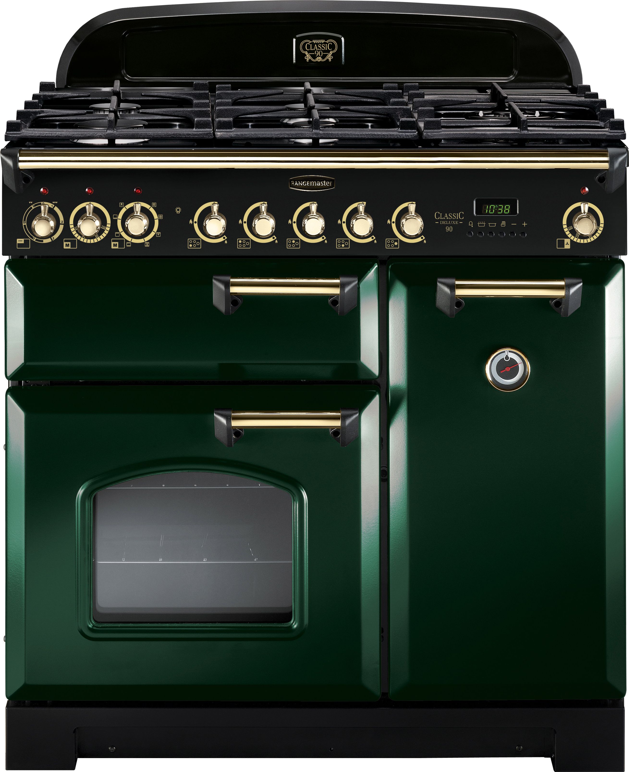 Rangemaster Classic Deluxe CDL90DFFRG/B 90cm Dual Fuel Range Cooker - Racing Green / Brass - A/A Rated, Green