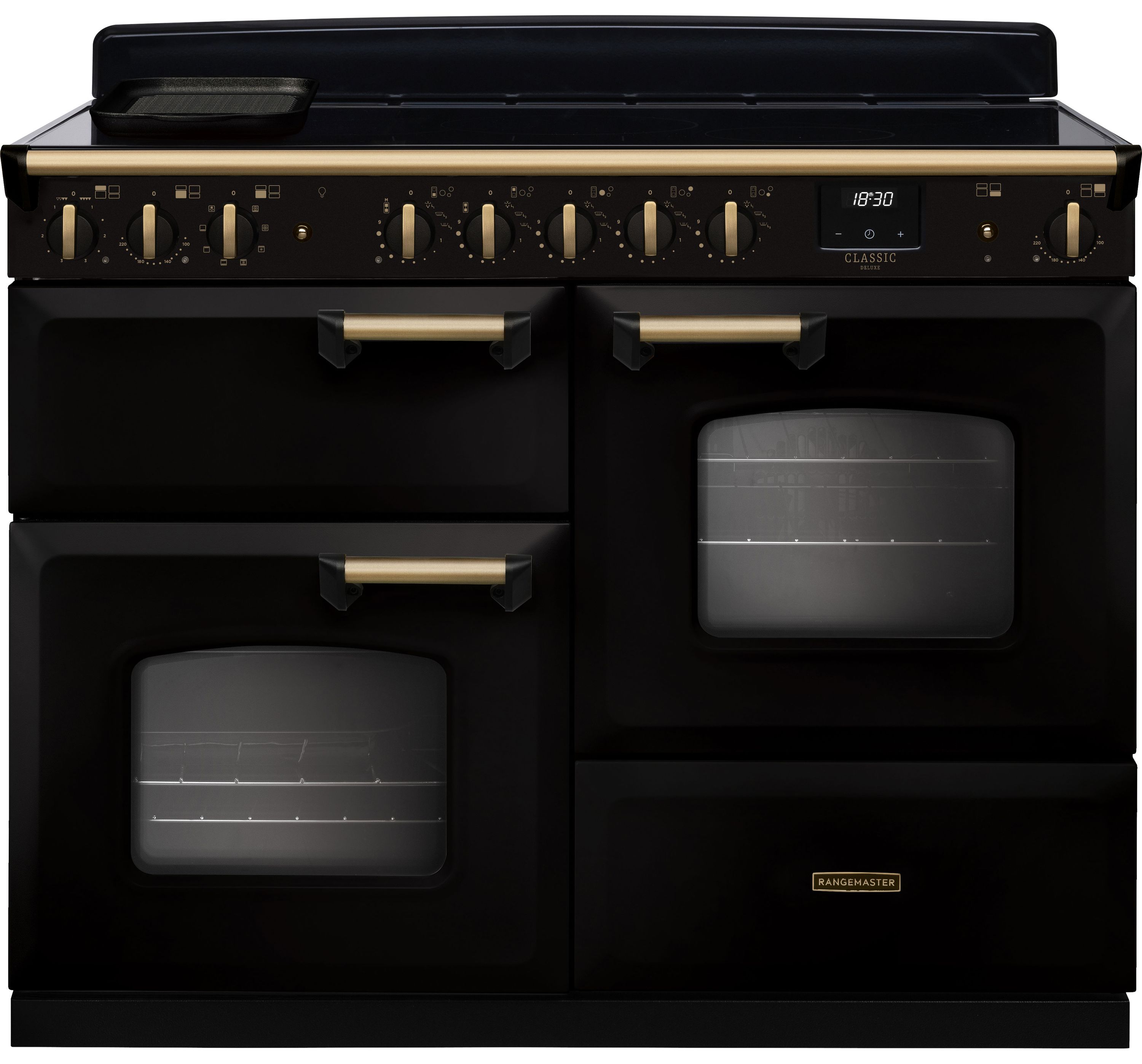 Image of Rangemaster Classic Deluxe OC CLDLO110EIPGBL/AB1 110cm wide Electric Range Cooker with Induction Hob - Black / Antique Brass - A/A Rated, Black