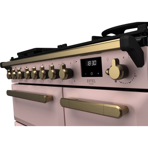 Rangemaster Estel Deluxe Dual Fuel Range Cooker - Pale Pink / Antique Brass - Control panel shot 