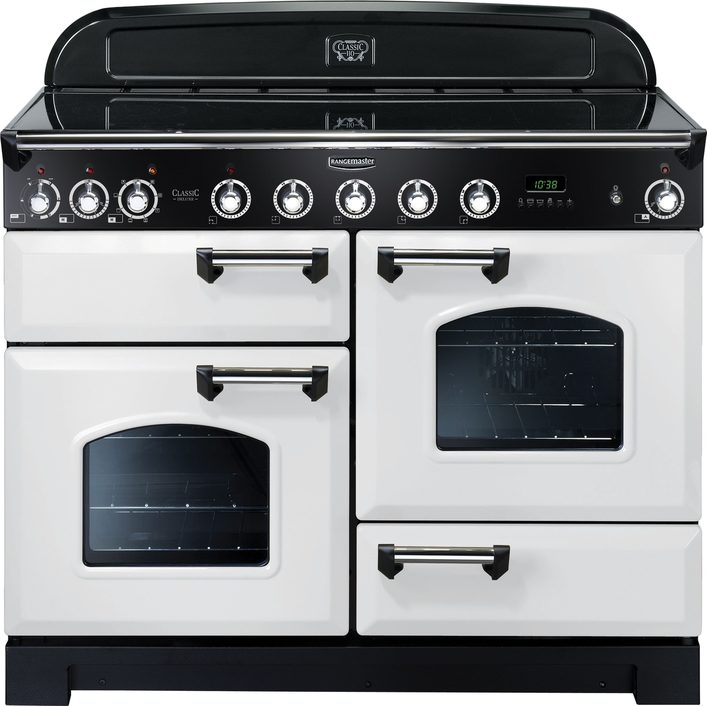 Rangemaster Classic Deluxe CDL110EIWH/C 110cm Electric Range Cooker with Induction Hob - White / Chrome - A/A Rated, White