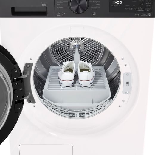 LG RHX5010THB Wifi Connected 10Kg Heat Pump Tumble Dryer - White - close up shoes in dyrer