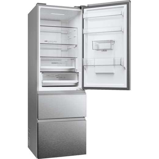 Haier 3D 60 Series 5 60/40 Total No Frost Fridge Freezer - Stainless Steel - Right perspective  with door open shot