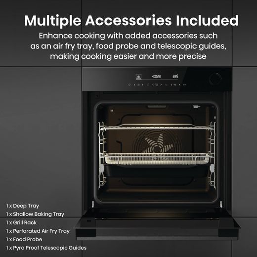 Hisense Hi6 BlackLine BSA66346PDBGUK Wifi Connected Built In Electric Single Oven with Pyrolytic Cleaning - Jet Black - Annotation - Multiple accessories shot
