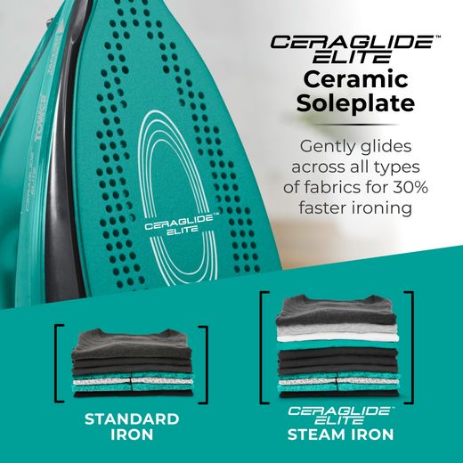 Tower T22008TL 2400 Watt Iron -Teal - Annotation - Ceramic soleplate shot