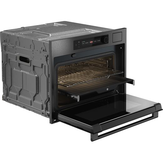 ASKO Craft OCS64BSH Built In Compact Electric Single Oven - Black Steel - Right perspective with door open shot
