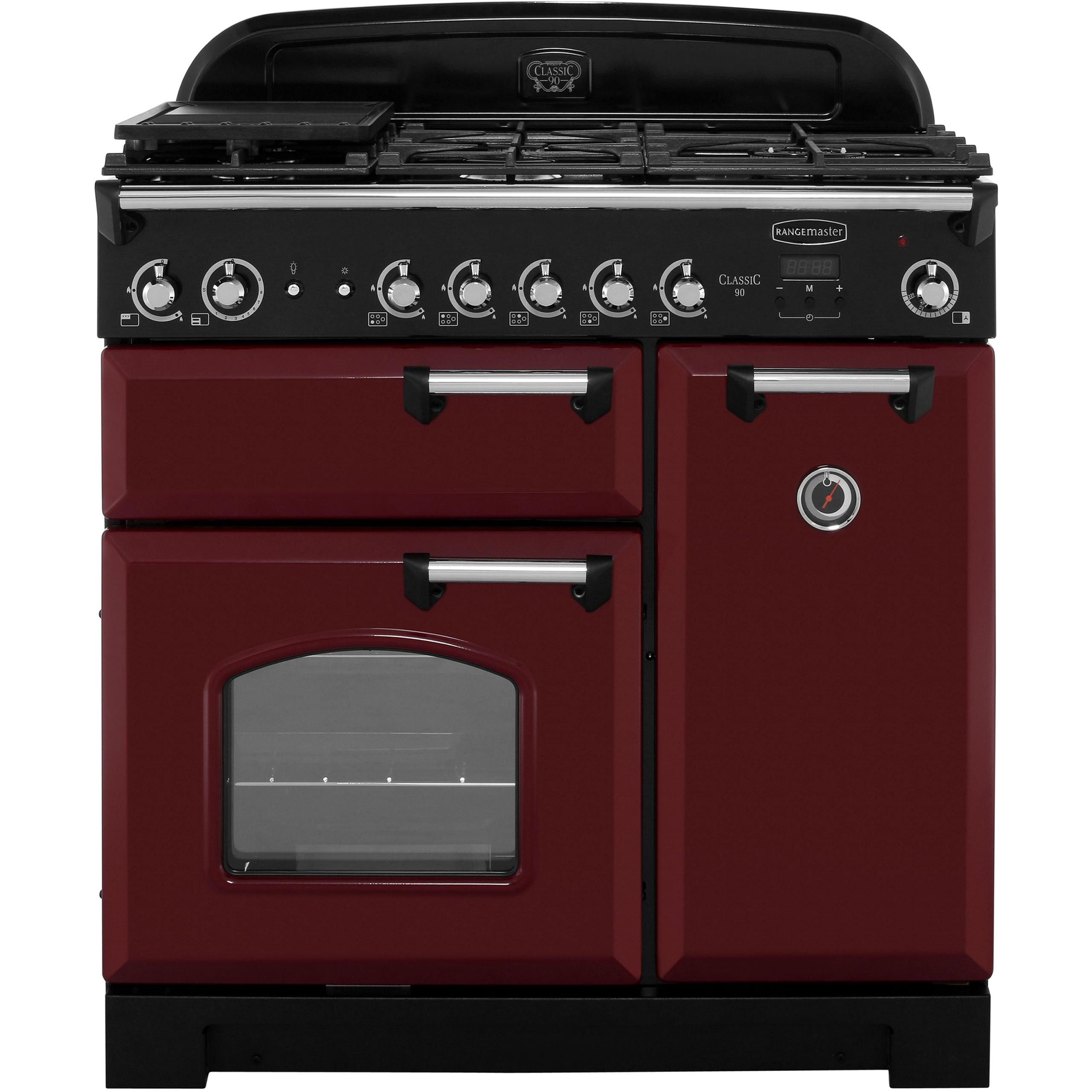 Rangemaster Classic CLA90NGFCY/C 90cm Gas Range Cooker with Electric Fan Oven - Cranberry / Chrome - A+/A Rated, Red