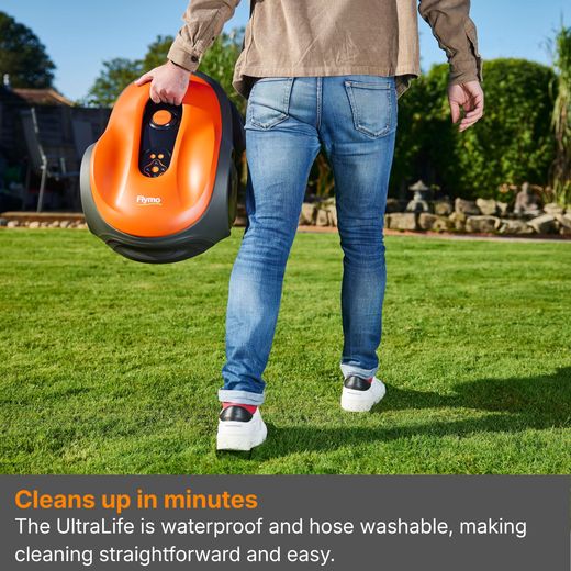 Flymo ULTRALIFE 1500 Robotic Lawn Mower - Orange - annotation - cleans in minutes shot