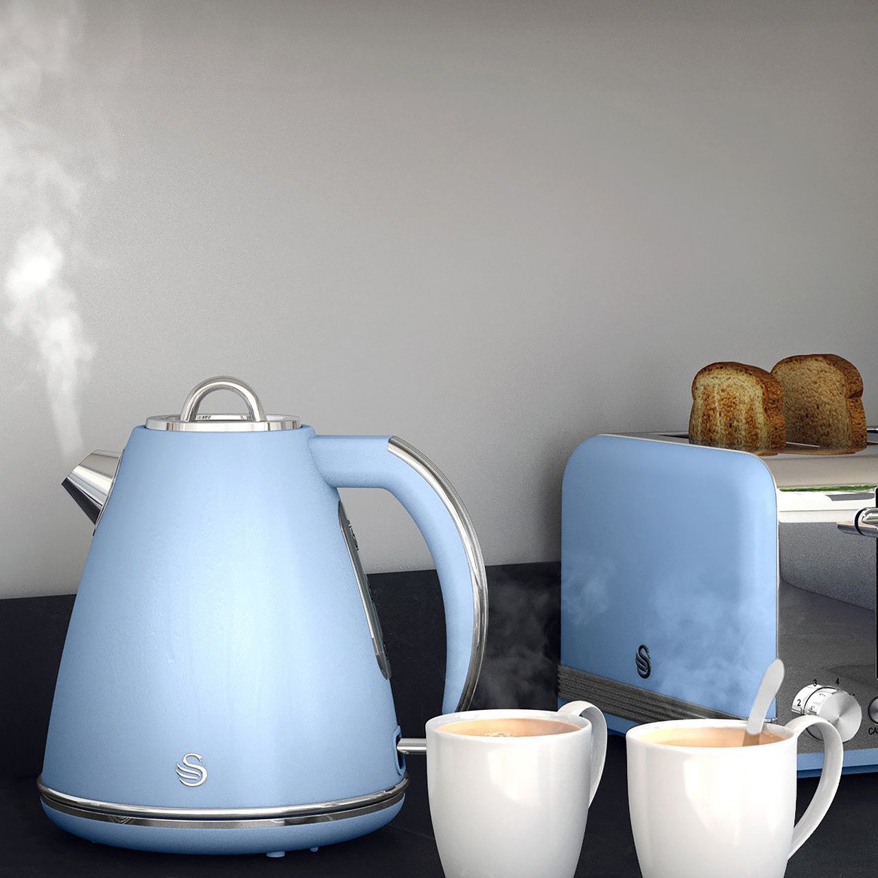 swan duck egg blue kettle and toaster