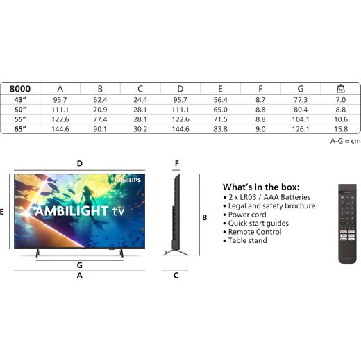 Philips 8500 Series 65" 4K Ultra HD QLED Smart TV [2025] - Dimensions