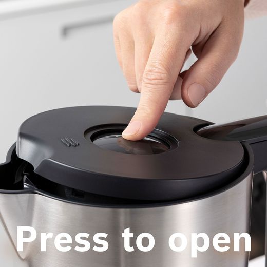 Bosch Styline TWK8633GB Kettle - Black / Stainless Steel - Annotation - press to open shot