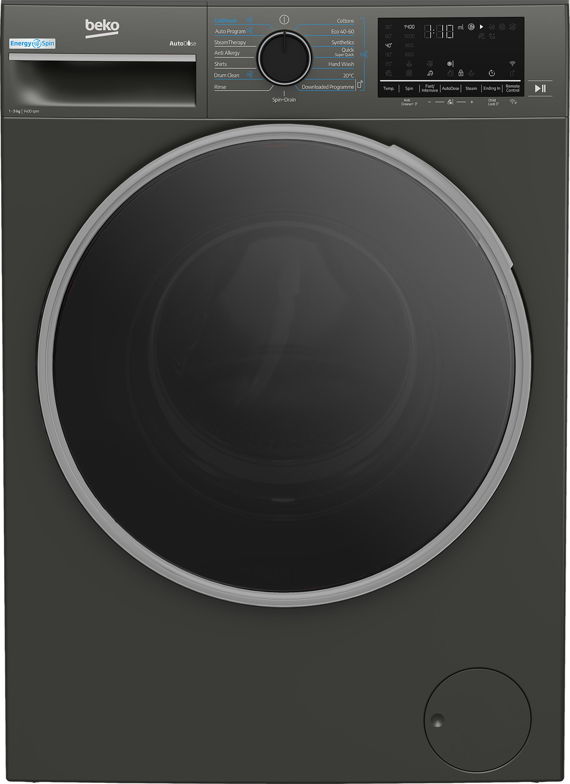Image of Beko EnergySpin™ B5W5941BDG 9kg WiFi Connected Washing Machine with 1400 rpm - Graphite - A Rated, Silver