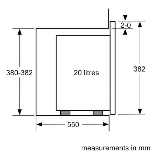 Bosch Series 4 BFL523MS0B 38cm tall, 59cm wide, Built In Compact Microwave - Stainless Steel - Dimensions