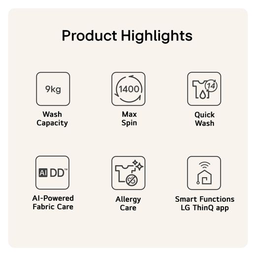 LG Series 7 AI Direct Drive™ F4X7009TWB 9kg WiFi Connected Washing Machine with 1400 rpm - White - Annotation - Product highlights