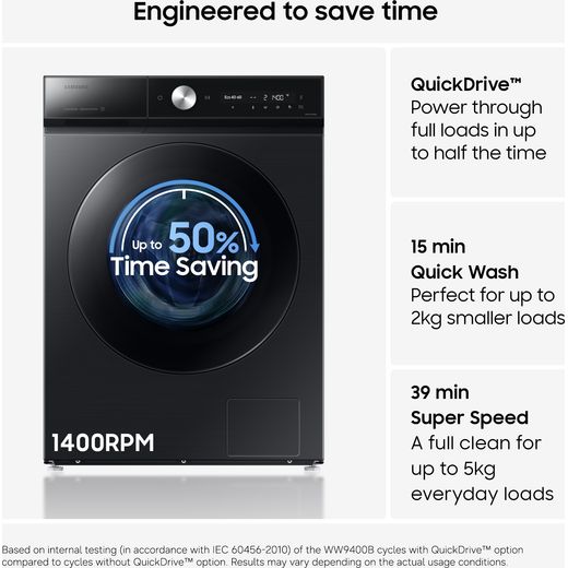 Samsung Series 8 AI Energy ecobubble™ WW11DB8B95GBU1 11kg WiFi Connected Washing Machine with 1400 rpm - Black - Annotation - Engineered to save time