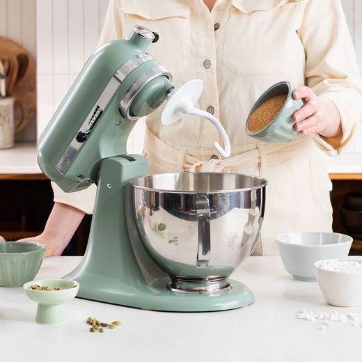 KitchenAid Tilt-Head 5KSM95PSBDC - Cardamom - Person using mixer shot
