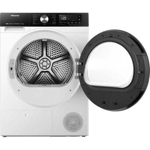 Hisense DH3S802BW3 Wifi Connected 7Kg Heat Pump Tumble Dryer - White - Front with door open shot