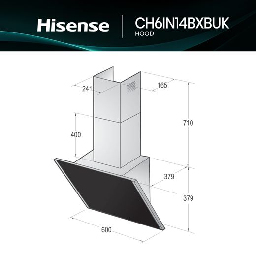 Hisense CH6IN14BXBUK 60cm Angled Chimney Cooker Hood - Jet Black - Dimensions