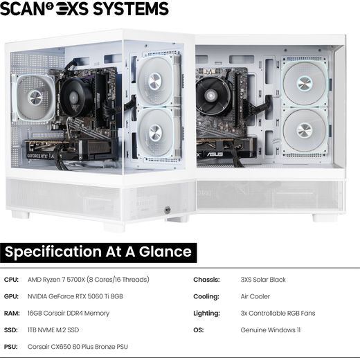 3XS Systems Gaming PC - NVIDIA GeForce RTX 5060 Ti, AMD Ryzen™ 7, 1TB SSD - White - Annotation - Specification