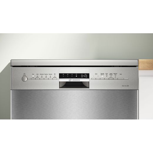 Bosch Series 2 Standard Dishwasher - Brushed Steel - close up control panel in kitchen shot