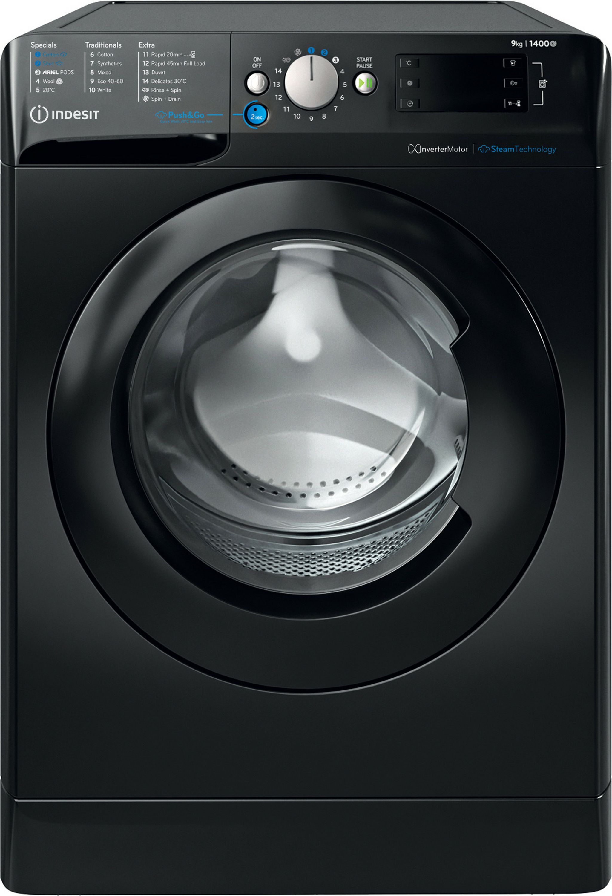 Indesit Push&Go BWE 91496X KV UK 9kg Washing Machine with 1400 rpm - Black - A Rated, Black