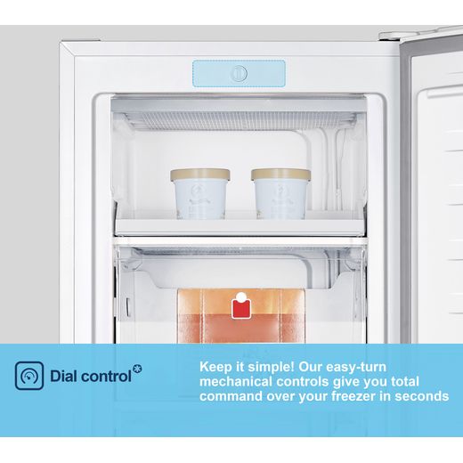 Fridgemaster MTZ55153E 143cm Small Upright Freezer - White - Annotation - Dual control shot