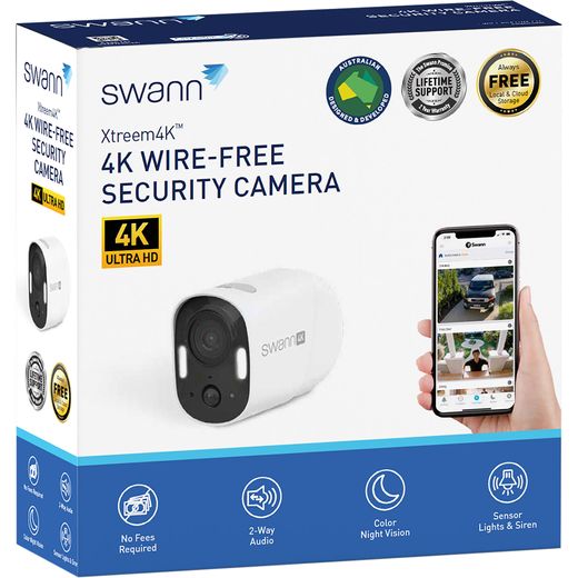 Swann Xtreem Pro™ 4K Wireless Camera with Spotlights Smart Home Security Camera - White - Box shot