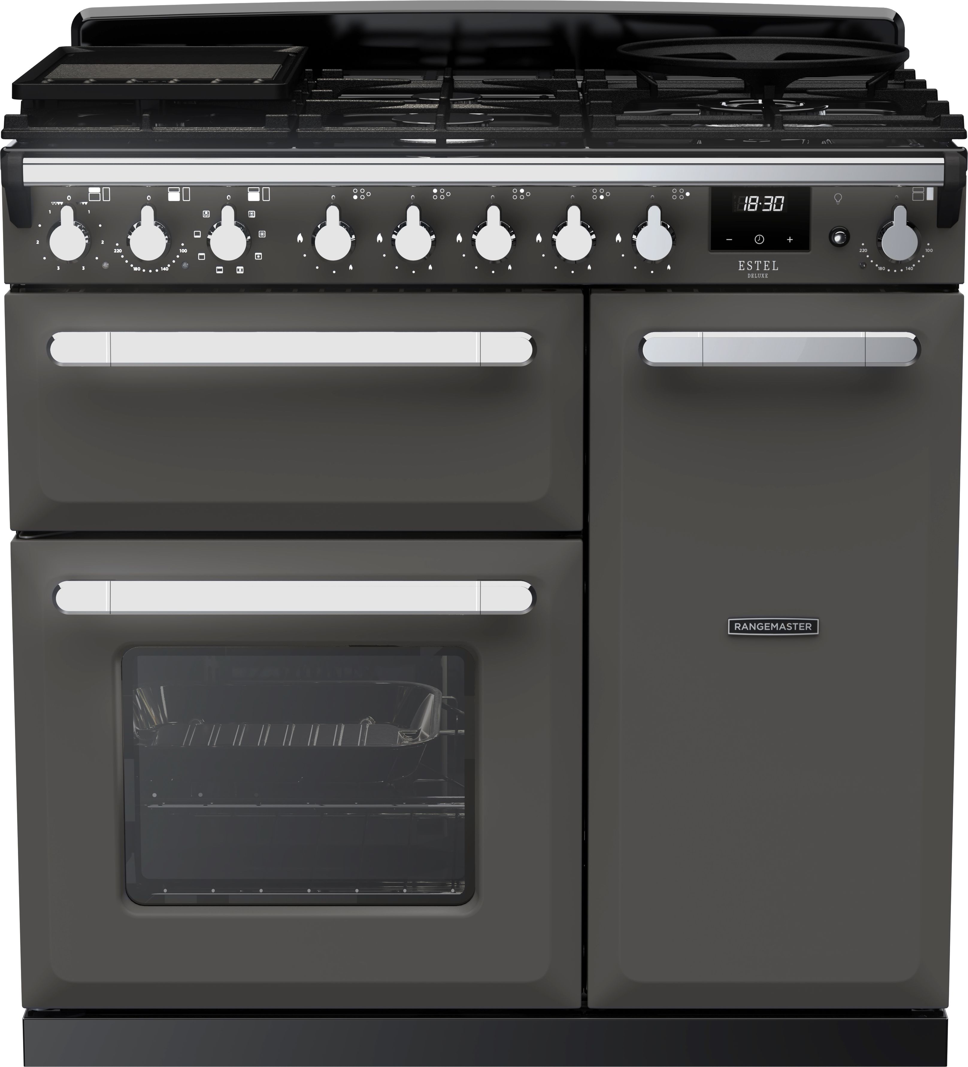 Image of Rangemaster Estel Deluxe ESDL90DFPSLT/CM1 90cm wide Dual Fuel Range Cooker with Gas Hob - Slate / Chrome - A/A Rated, Grey