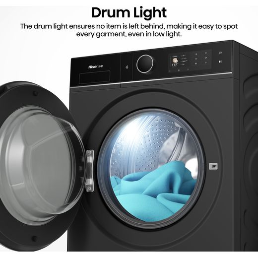 Hisense KitchenFit 5i Series WD5I1245BBRH Wifi Connected / 8Kg Washer Dryer with 1400 rpm - Black - Annotation - drum light shot