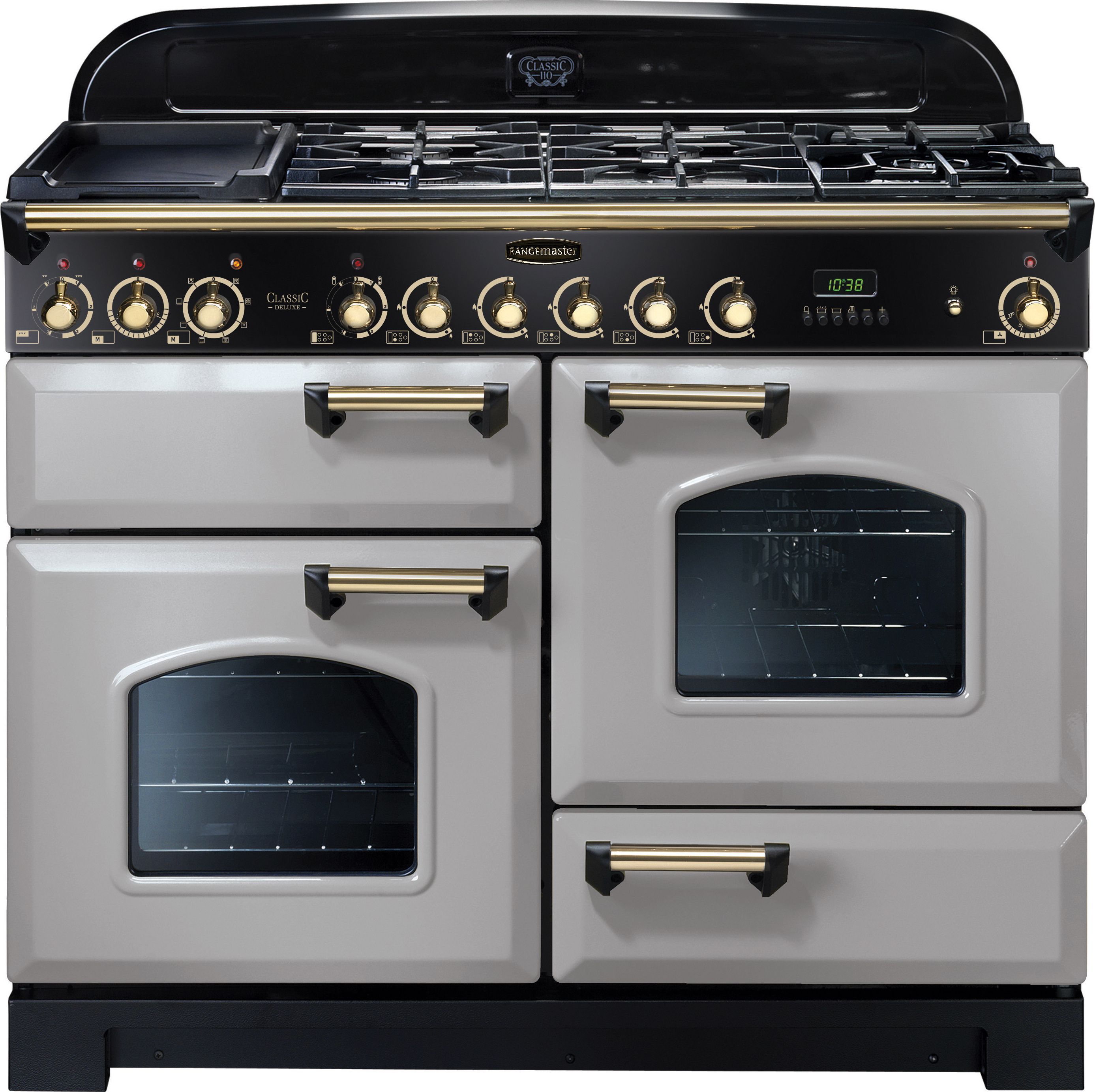 Rangemaster Classic Deluxe CDL110DFFRP/B 110cm Dual Fuel Range Cooker - Royal Pearl / Brass - A/A Rated, Grey
