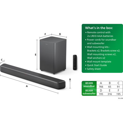 Philips TAB5309/10 Bluetooth 2.1 Soundbar - Grey - Annotation - What's in the box
