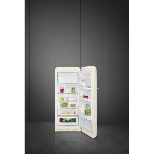 Smeg Right Hand Hinge FAB28RCR6UK 153cm High Small Fridge with Ice Box - Cream - Front with door open shot