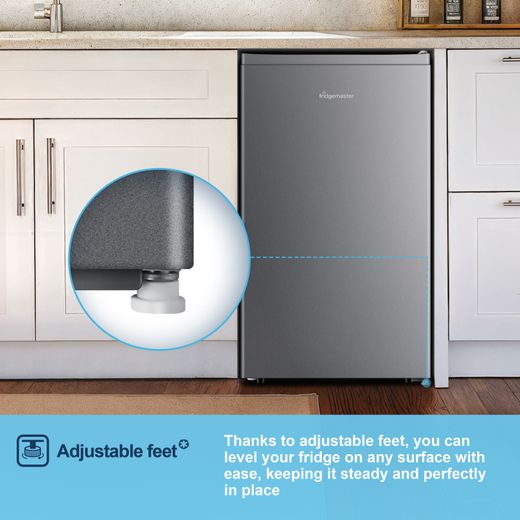 Fridgemaster MUR4894ES Compact 84cm Fridge with Ice Box - Stainless Steel - Annotation - Adjustable feet