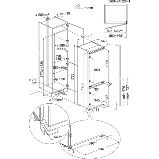 AEG OSC7N181ES 177cm 70/30 Integrated Frost Free Fridge Freezer with Sliding Door Hinge - White -  dimension shot
