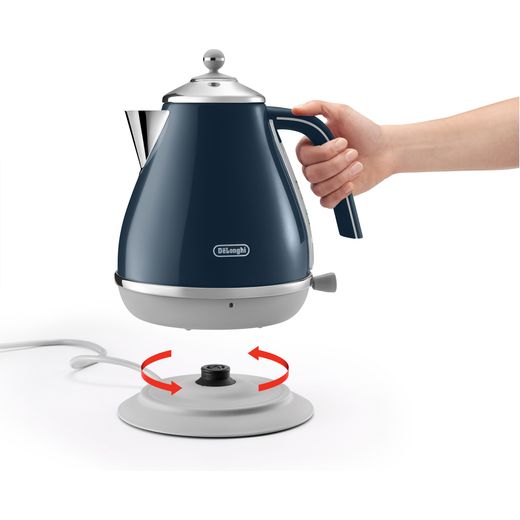 De'Longhi Icona Capitals KBOC3001.BL Kettle - Blue - Person removing kettle from base shot