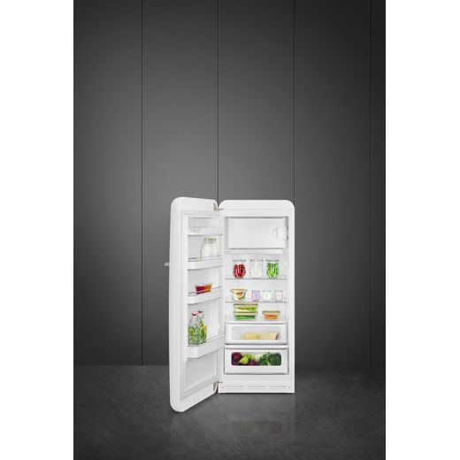 Smeg Left Hand Hinge FAB28LWH6UK 153cm High Small Fridge with Ice Box - White - Fridge with door open shot