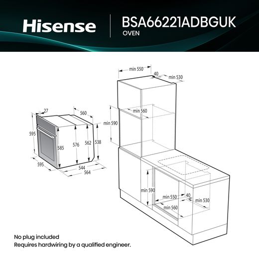 Hisense Hi4 BSA66221ADBGUK Built In Electric Single Oven - Black - Dimensions