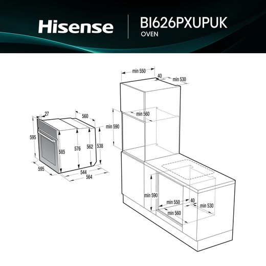 Hisense Hi2 BI626PXUPUK Built In Electric Single Oven with Pyrolytic Cleaning - Stainless Steel - Dimensions