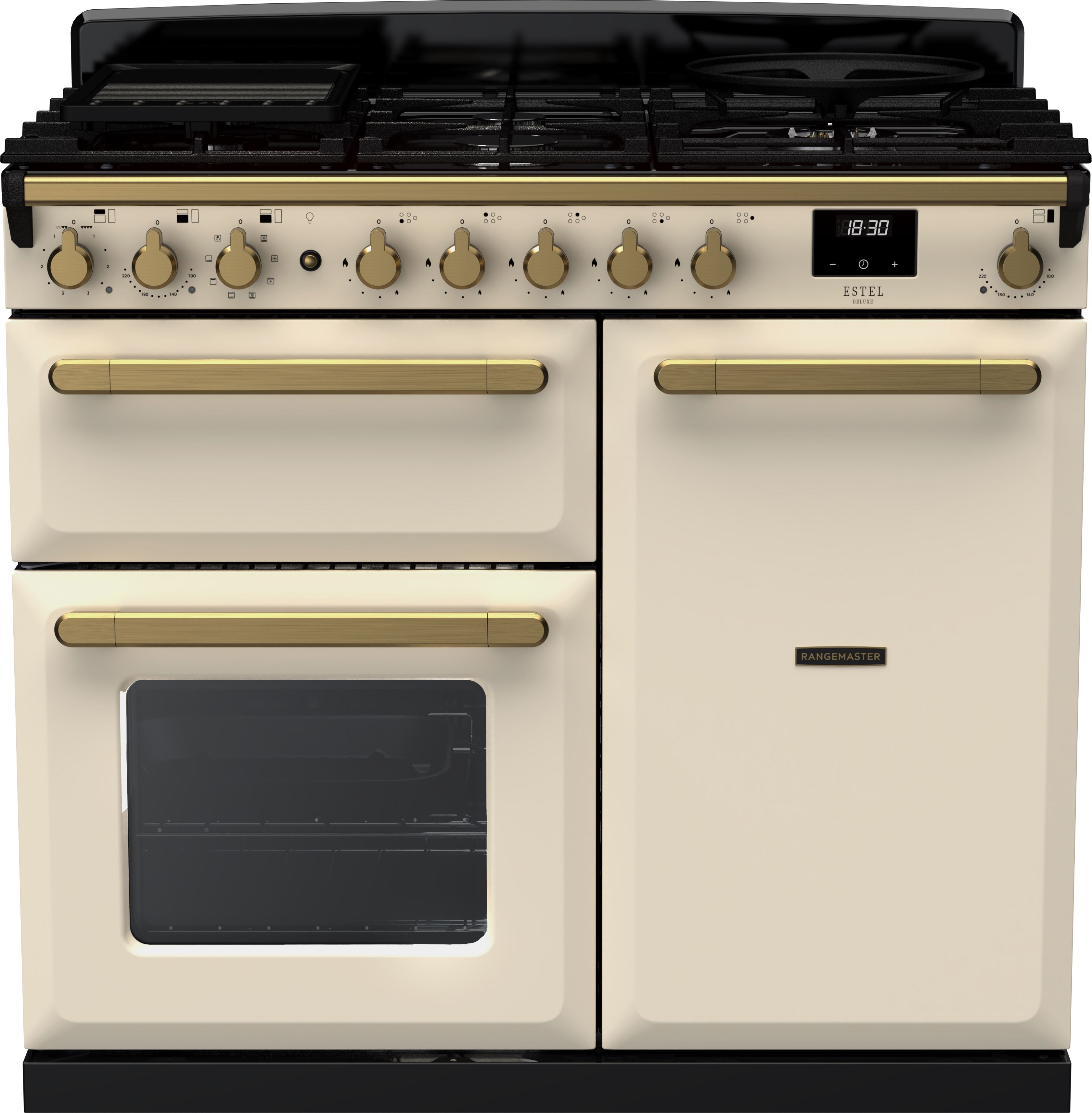 Image of Rangemaster Estel Deluxe ESDL100DFPPCR/AB1 100cm wide Dual Fuel Range Cooker with Gas Hob - Cream / Antique Brass - A/A Rated, Cream