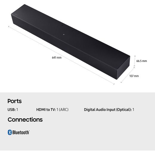Samsung B-Series HW-B46CF Bluetooth 2.1 Soundbar - Black - Annotation - Ports and dimensions