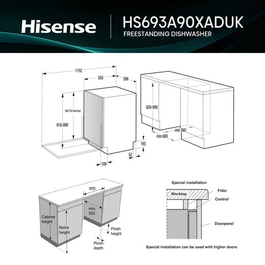 Hisense Auto Dose Standard Dishwasher - Stainless Steel - Dimensions