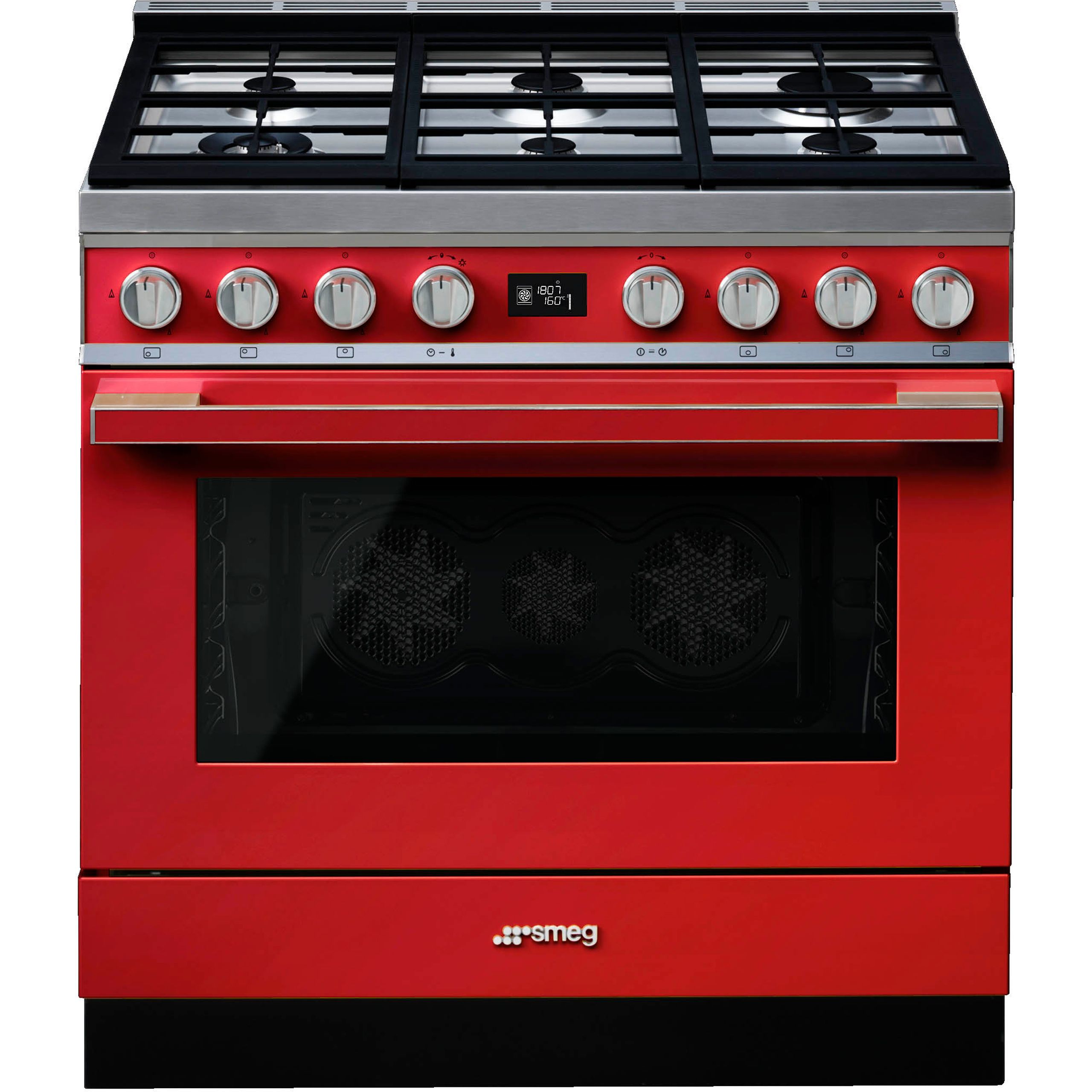Image of Smeg Portofino CPF9GPR 90cm wide Dual Fuel Range Cooker with Gas Hob and Pyrolytic Cleaning - Red - A+ Rated, Red
