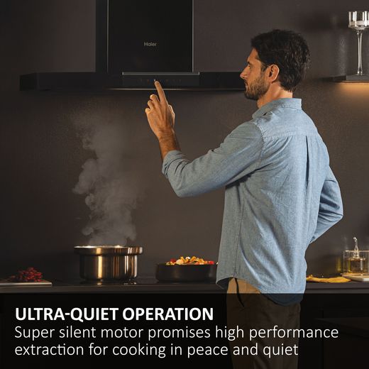 Haier I-Link HADG6CBS4BWIFI Wifi Connected 60cm Angled Chimney Cooker Hood - Black - Annotation - Super silent shot