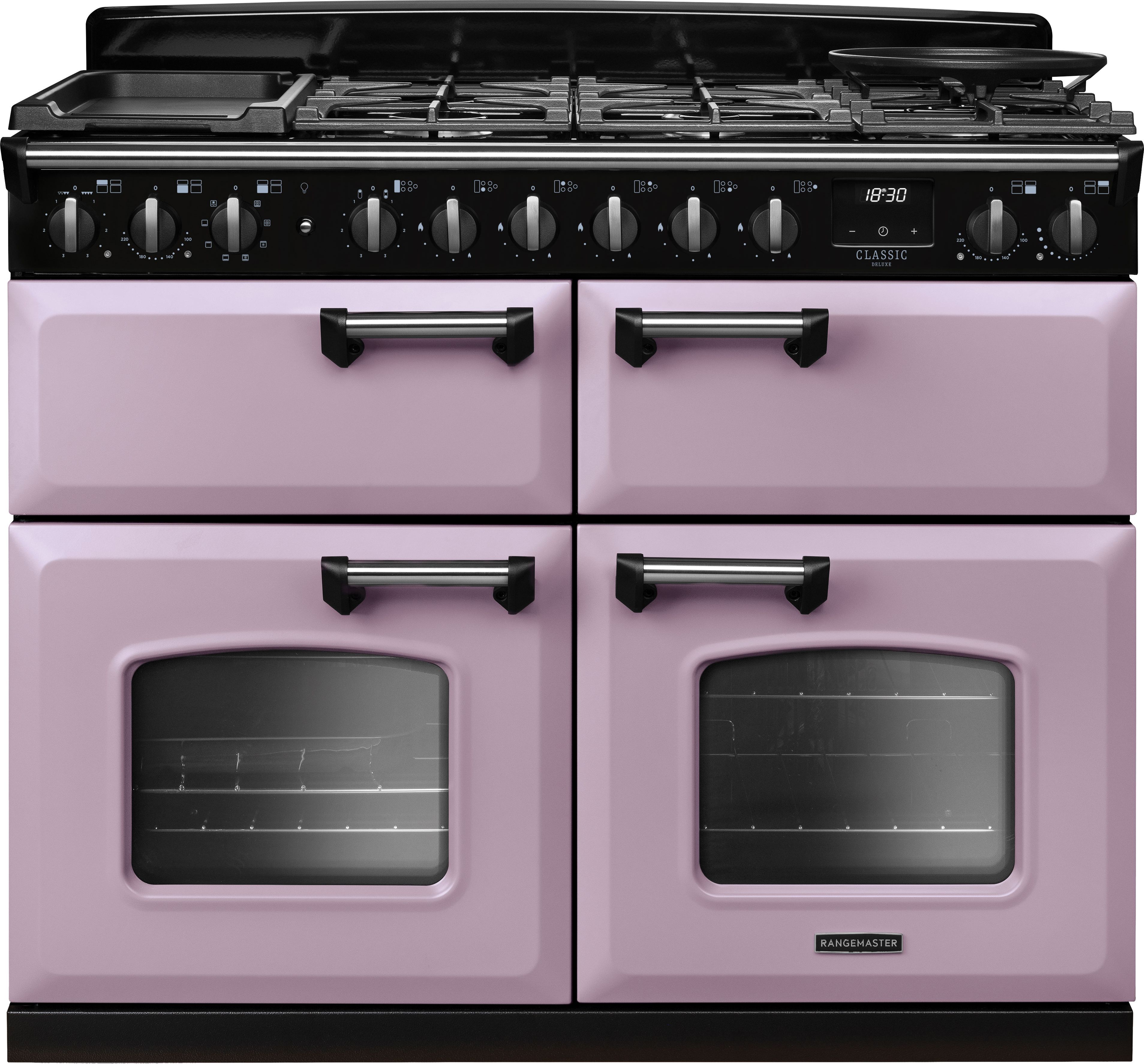 Image of Rangemaster Classic Deluxe CLDLB110DFPHTH/CM1 110cm wide Dual Fuel Range Cooker with Gas Hob - Heather / Chrome - A Rated, Purple