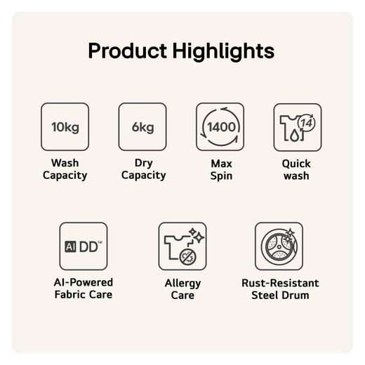 LG Series 4 Pro AI Direct Drive™ FWY706GBTN1 10Kg / 6Kg Washer Dryer with 1400 rpm - Slate Grey - Annotation - Product highlights