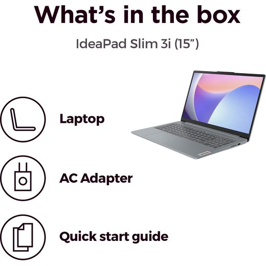 Lenovo IdeaPad Slim 3 15.6" Laptop - Intel® Core™ i3 N-series, 128GB eUFS, 8 GB RAM - Grey - Annotation - Whats in the box shot