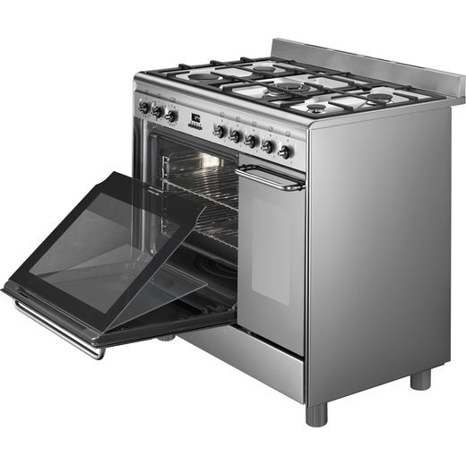 CX92GM Stainless Steel 90cm  Double Cavity Dual Fuel Cooker - Left perspective door open shot