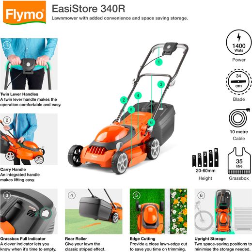 Flymo EasiStore 340R Corded Lawn Mower - Black / Orange - annotation - feature shot